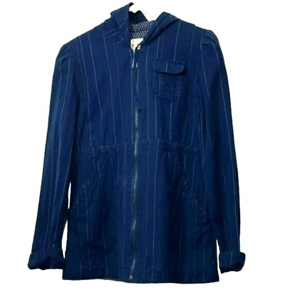 Roxy shacket lightweight full zip navy pinstripe hooded drawstring back waist M